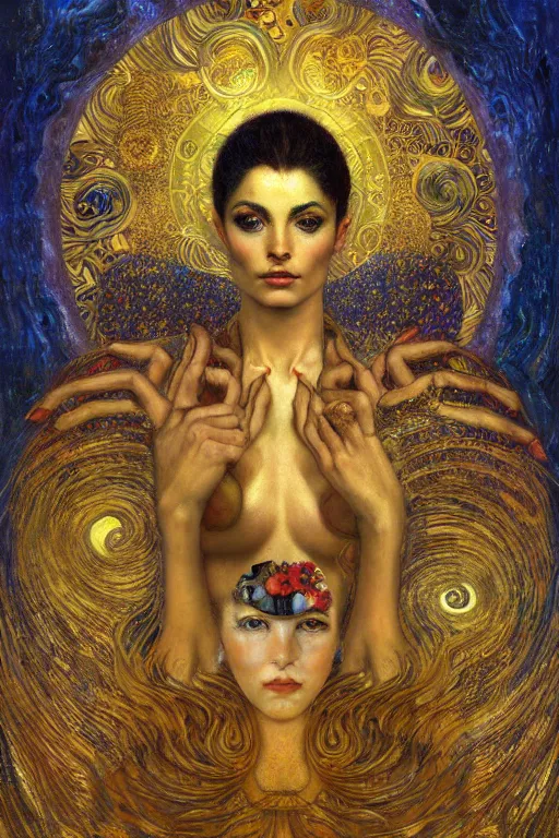 Image similar to Visions of Paradise by Karol Bak, Jean Deville, Gustav Klimt, and Vincent Van Gogh, visionary, ethereal saint portrait, otherworldly, dreamscape, radiant halo, fractal structures, infinite wings, ornate gilded medieval icon, third eye, spirals, heavenly spiraling clouds with godrays, airy colors