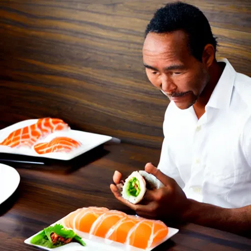 Prompt: photo, papua man in business suit eating sushi