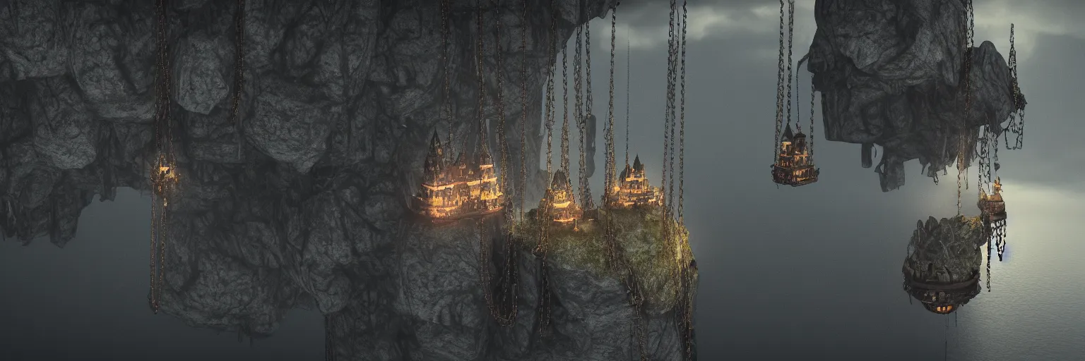 Prompt: cinematic view of floating castle hanging by chains in the air, in between a gorge, below only cloud dark void, 8 k resolution, octane,