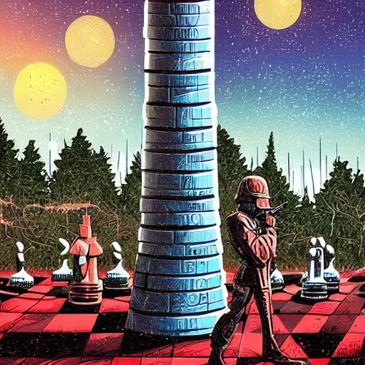 Image similar to a soldier stands beneath a giant chess piece, artwork by dan mumford