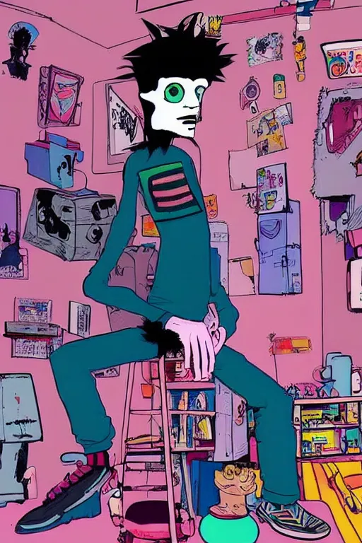 Image similar to a skinny goth guy standing in a cluttered 9 0 s bedroom by jamie hewlett, jamie hewlett art, full body character concept art, vaporwave colors, digital painting,