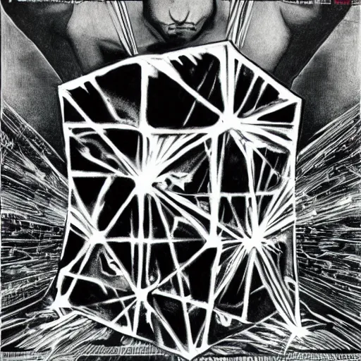 Image similar to razorpunk qr code of Dr. Manhattan disguised as the hexagonal hypercube portal odd nerdrum jonas de ro jim mahfood luis royo nicola samori aquatint embossing stamp