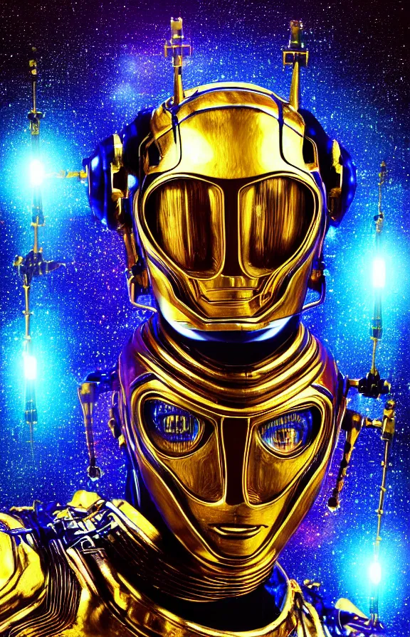 Prompt: portrait of a robot humanoid alien with golden armature, Lionel Messi face and medieval helmet. Galactic iridescent background in the style of Tim white and moebius