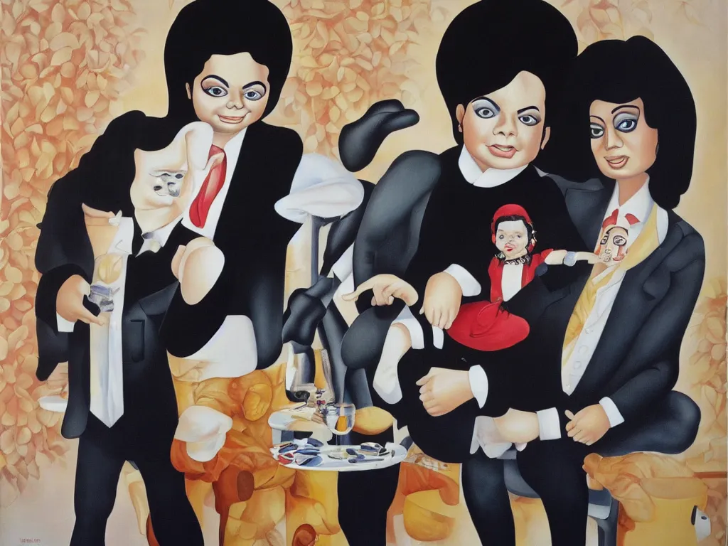 Prompt: Michael Jackson and Bubbles painted by Botero