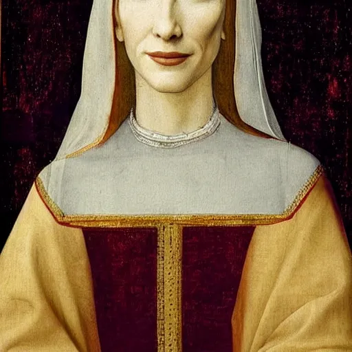Image similar to painting of cate blanchett as a saint by leonardo davinci