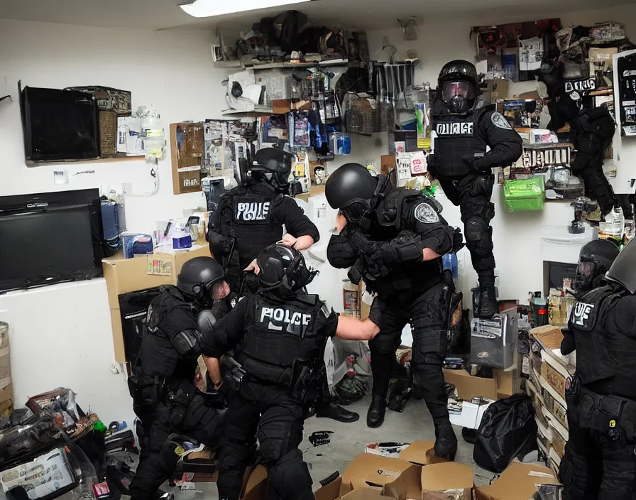 Image similar to Alex Jones in his garage office inventing conspiracy theories, surrounded by boxes of herbal supplements and trash and TVs, a group of SWAT police kicking in the door, tear gas and smoke, alex jones fighting police, detailed photograph high quality