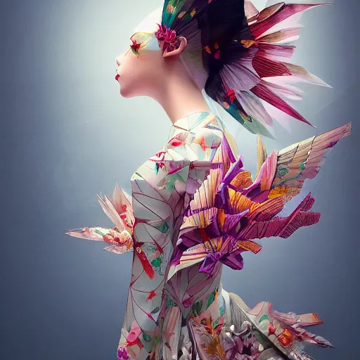 Image similar to 3 / 4 view of a beautiful girl wearing an origami dress, eye - level medium shot, fine floral ornaments in cloth and hair, hummingbirds, elegant, by eiko ishioka, givenchy, by peter mohrbacher, centered, fresh colors, origami, fashion, detailed illustration, vogue, japanese, reallusion character creator