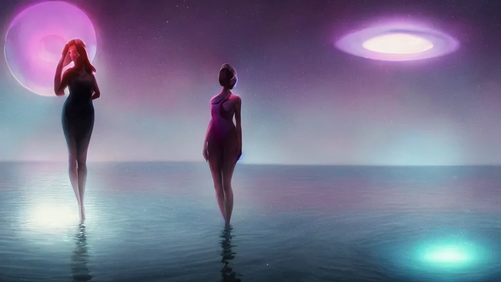 Prompt: a beautiful whimsical woman standing in a lake basking in the moonlight, underneath a multi-colored binary blackhole with an accretion disc, long exposure, by Lois van Baarle, by Greg Rutkowski, by artgerm, by beeple, cinematic angle, volumetric lighting, 4k resolution, octane render, trending on artstation, masterpiece