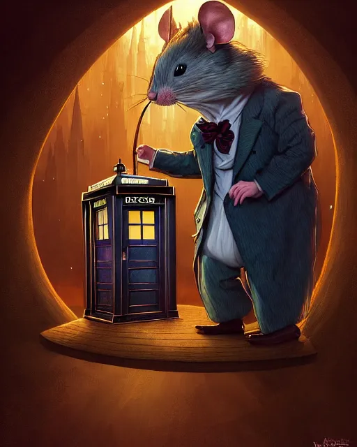 Prompt: anthropomorphic art of a detective mouse inside tardis, victorian inspired clothing by artgerm, victo ngai, ryohei hase, artstation. fractal papersand books. highly detailed digital painting, smooth, global illumination, fantasy art by greg rutkowsky, karl spitzweg, doctor who