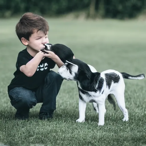 Image similar to a short young looking guy playing with his black and white dog