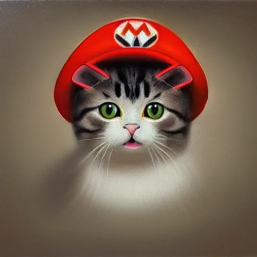 Image similar to A beautiful oil painting of a Kawaii Cat wearing a Super Mario Hat, art by old masters, volumetric lighting, photorealistic, highly detailed.