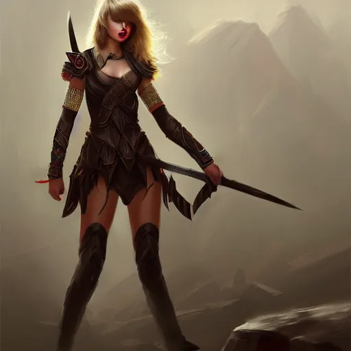 Prompt: taylor swift as a warrior maiden by wlop and glen rutkowski, mate painting, concept art, artstation