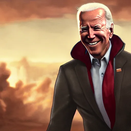 Image similar to joe biden smiling with blood in his face while behind him the world is burning, dramatic lighting, cinematic, establishing shot, extremly high detail, photorealistic, cinematic lighting, artstation, style by James Gurney