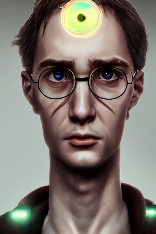 Prompt: Portrait of a harry potter with a cybernetic implanted eye, elegant, photorealistic, highly detailed, artstation, smooth, sharp focus, cyberpunk ornaments, neon lighting, sci-fi, art by Klimt