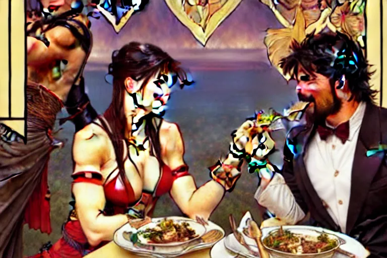 Image similar to xena warrior princess eating at a restaurant, with a hispanic man in a suit as her companion, art by artgerm and greg rutkowski and alphonse mucha