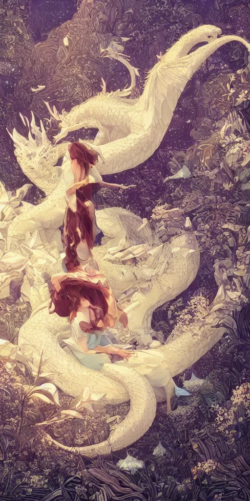 Prompt: the beautiful render of a girl lies in the arms of a huge white dragon in the fairyland surrounded by white clouds, in the style of victo ngai, animation style, 8 k render, trending on cgsociety, hyperrealism, highly detailed, golden curve composition