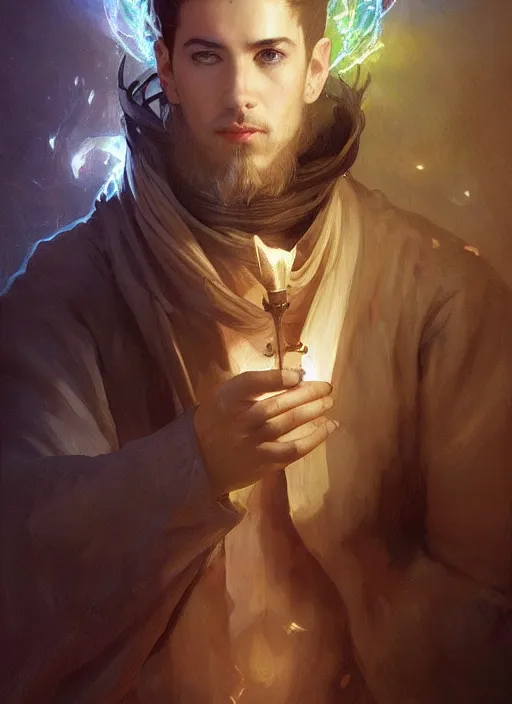 Prompt: character concept portrait of an attractive young clever Spanish wizard with pale golden skin enchanting an explosion curse, a floating iridescent spell book in the center, intricate, elegant, digital painting, concept art, smooth, sharp focus, illustration, from Metal Gear, by Ruan Jia and Mandy Jurgens and William-Adolphe Bouguereau, Artgerm