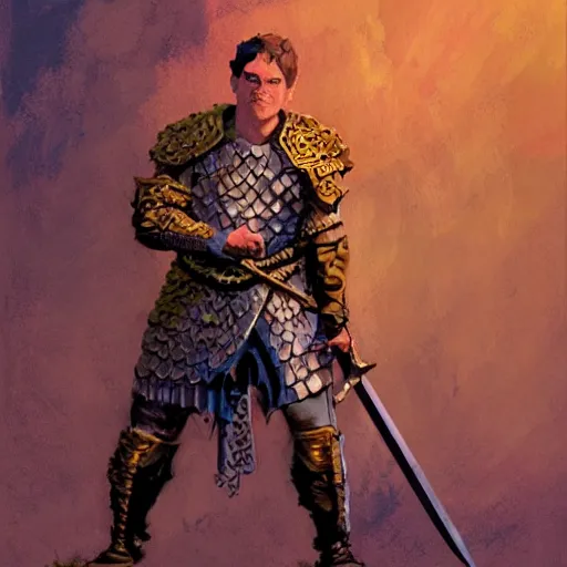 Prompt: beverly toegold, epic level dnd male halfling nature paladin, wielding the holy avenger sword, wearing magical gleaming chainmail armor. full character concept art, realistic, high detail digital gouache painting by angus mcbride and michael whelan and jeffrey jones