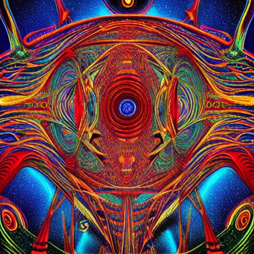 Image similar to artistic depiction of the dmt world, highly detailed and hypnotic