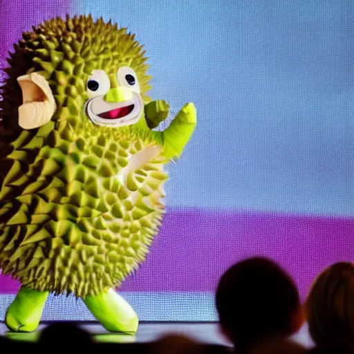 Image similar to anthropomorphic durian on stage, singing