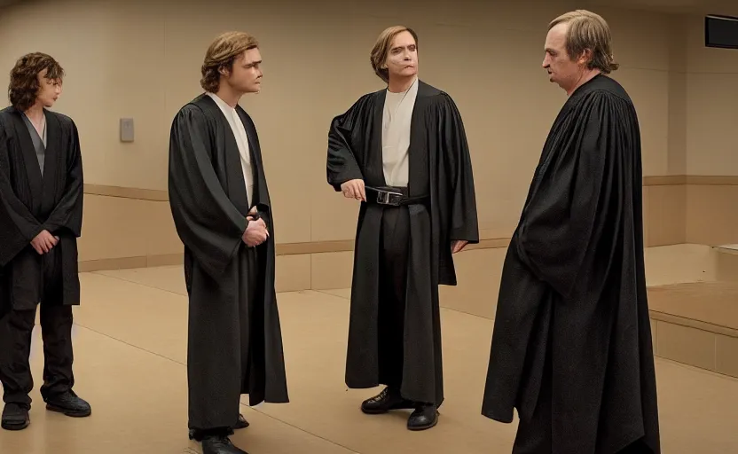 Prompt: anakin skywalker in jedi robes talking to saul goodman in a suit in court, us court, better call saul scene 1 0 8 0 p, court session images, realistic faces