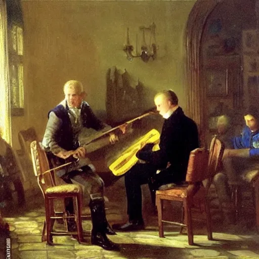 Prompt: Oil painting of Joe Biden playing the Hurdy Gurdy at a fantasy tavern, by ivan shishkin and aivazovsky