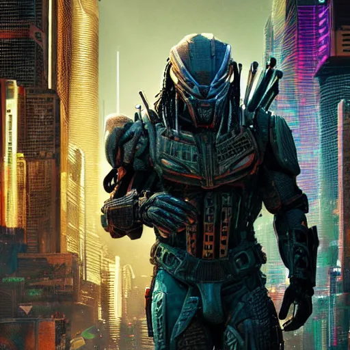 Image similar to high quality photo of The Predator in a cyberpunk cyberpunk cyberpunk city, realism, 8k, award winning photo