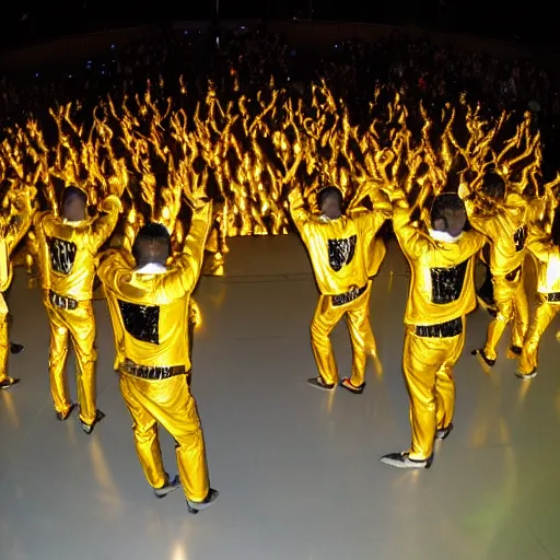 Prompt: photo, a giant massive group of men wearing full body shiny reflective latex suits including pants and shirts and boots and masks, performing an incredibly acrobatic wild dance inside an incredibly scenic colorful western landscape