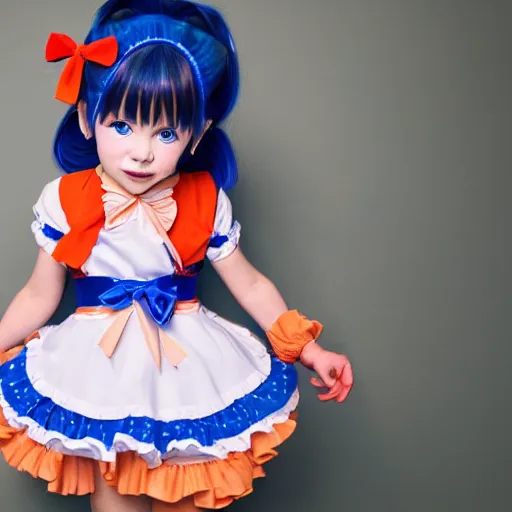 Image similar to little girl in a maid outfit with blue eyes, a red bow on her head, short light orange hair, anime, high detail