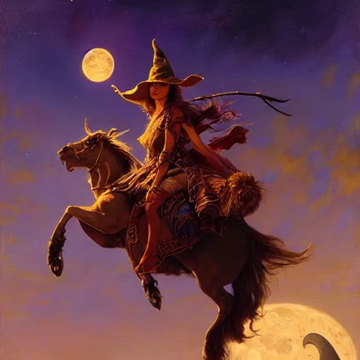 Image similar to witch flying riding a broom, trough the night, fantasy, full moon in background. highly detailed painting by gaston bussiere, craig mullins, j. c. leyendecker 8 k