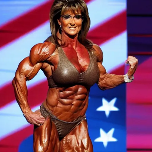 Image similar to Sarah Palin bodybuilder on steroids, huge muscles, very tan, screaming and flexing on stage at the republican national convention