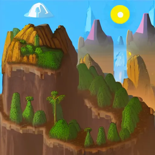 Prompt: Horizontal array of mines, caves and a wizard tower on the horizon from a sidescroller game
