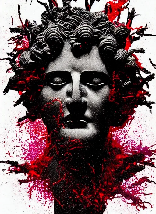 Prompt: dark design poster showing a statue of dionysus, black background with very subtle red and purple design elements, powerful, nekro, vito acconci, thin straight lines, dark, glitch art, neo vaporwave, gritty, layout frame, square, trending on artstation