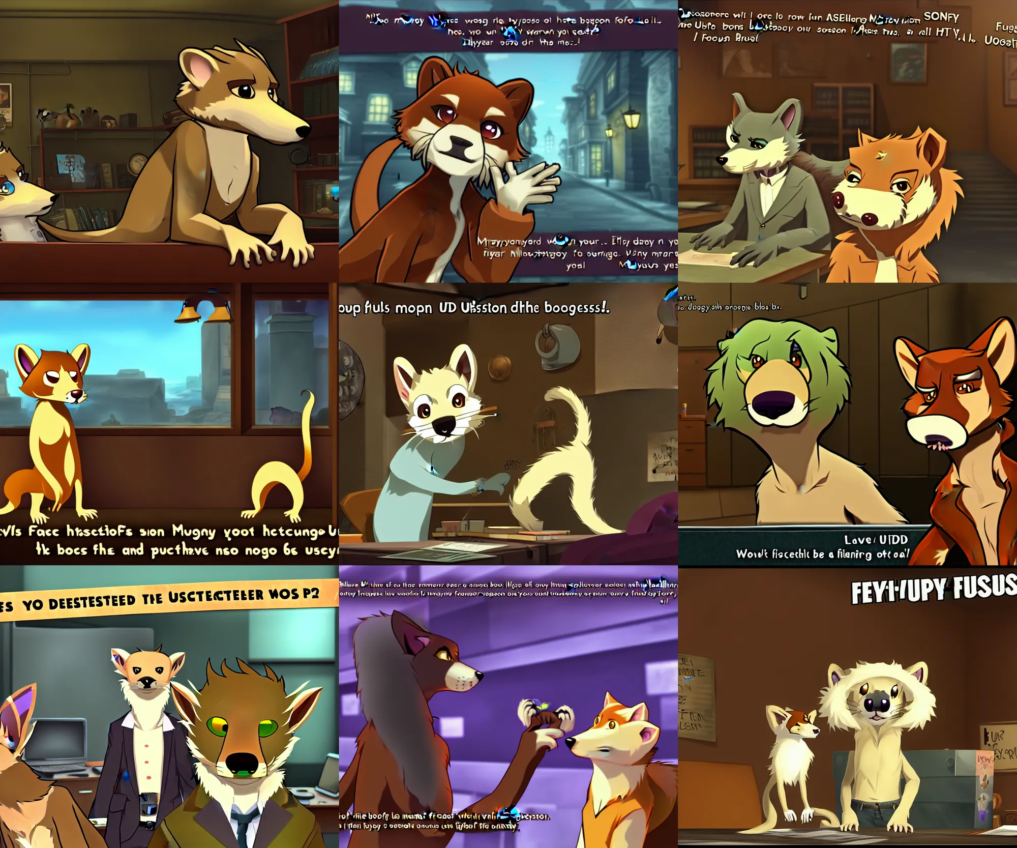 Prompt: furry - weasel - detective - fursona uhd ue 5 visual novel pc game screenshot : mystery of the booped snout