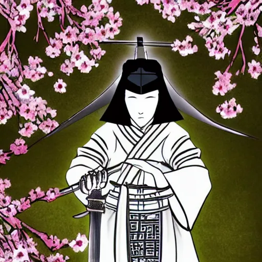 Prompt: a beautiful White cloaked Samurai Warrior with Sword Drawn in a garden of Cherry Blossom Trees :: Mystical, Magical, Supernatural :: by Tomomi Abe