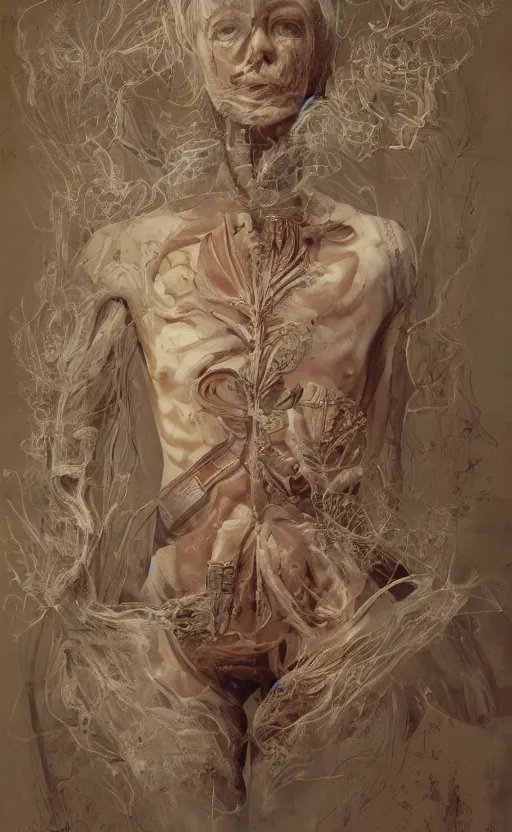 Prompt: anatomy body, high detail, 8k, ornate, masterpiece, complex, by Greg rutkowski, Alex Gray, surrounded by smoke