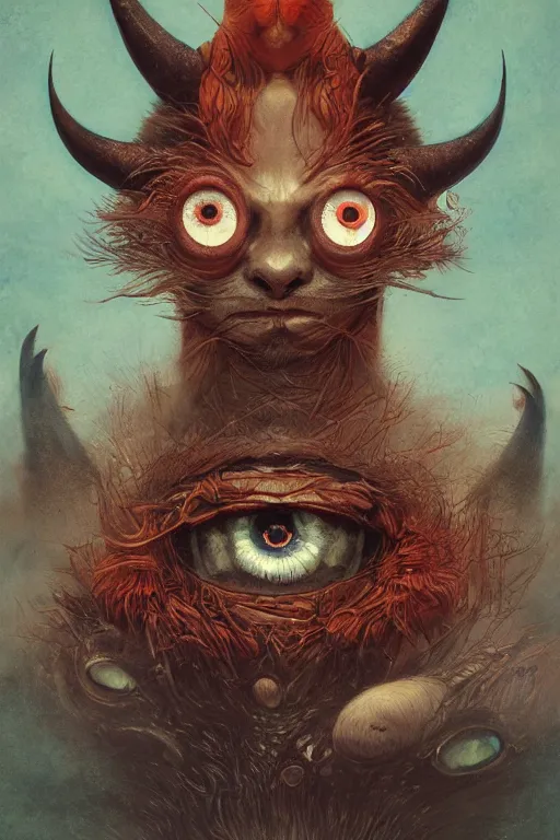 Image similar to a portrait of a japanese devil animal with big eye illustrated by miyazaki by karol bak, james jean, tom bagshaw, rococo, sharp focus, trending on artstation, cinematic lighting, hyper realism, octane render, 8 k, hyper detailed, vivid, ultra detailed, highly detailed