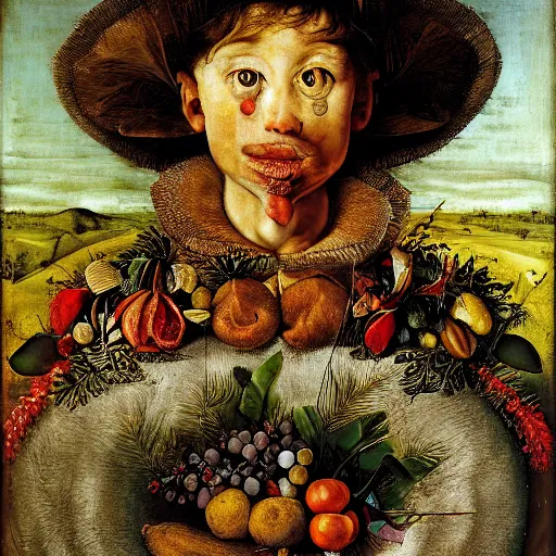 Image similar to a boy and his kite, by giuseppe arcimboldo, renaissance, portrait, fruit, detailed oil paint, high definition