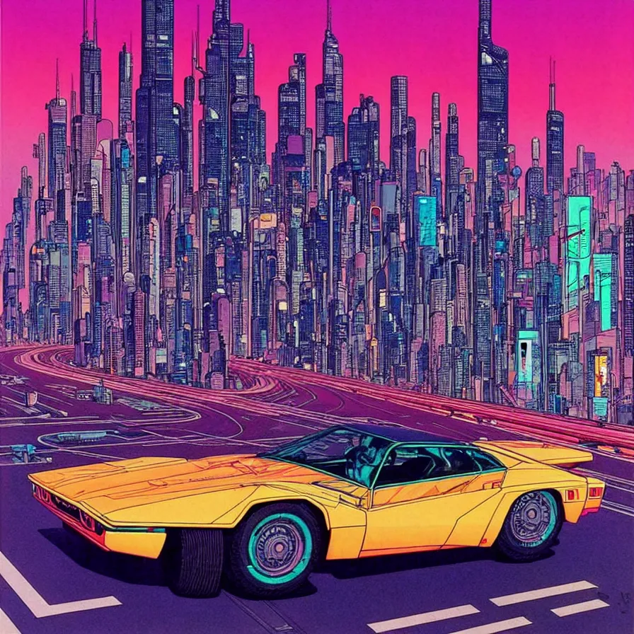 Prompt: ( ( ( ( classic car driving on cyberpunk highway ) ) ) ) by mœbius!!!!!!!!!!!!!!!!!!!!!!!!!!!, overdetailed art, colorful, artistic record jacket design