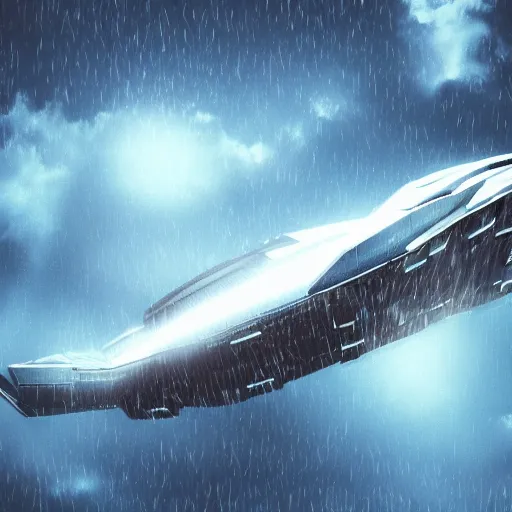 Image similar to ultra detailed sci fi spaceship flying in the sky under rain, bloom,