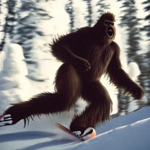 Prompt: Action photograph of Bigfoot skiing in rad 1990s gear, motion blur, Flash photography