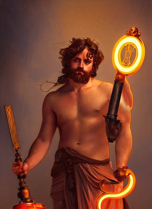 Image similar to the greek god hephaestus, brown hair, holding hammer, steampunk, beautiful glowing eyes, volumetric lights, red and orange theme, art nouveau botanicals, intricate, highly detailed, digital painting, artstation, concept art, smooth, sharp focus, cinematic, illustration, beautiful face, art by artgerm and greg rutkowski and alphonse mucha