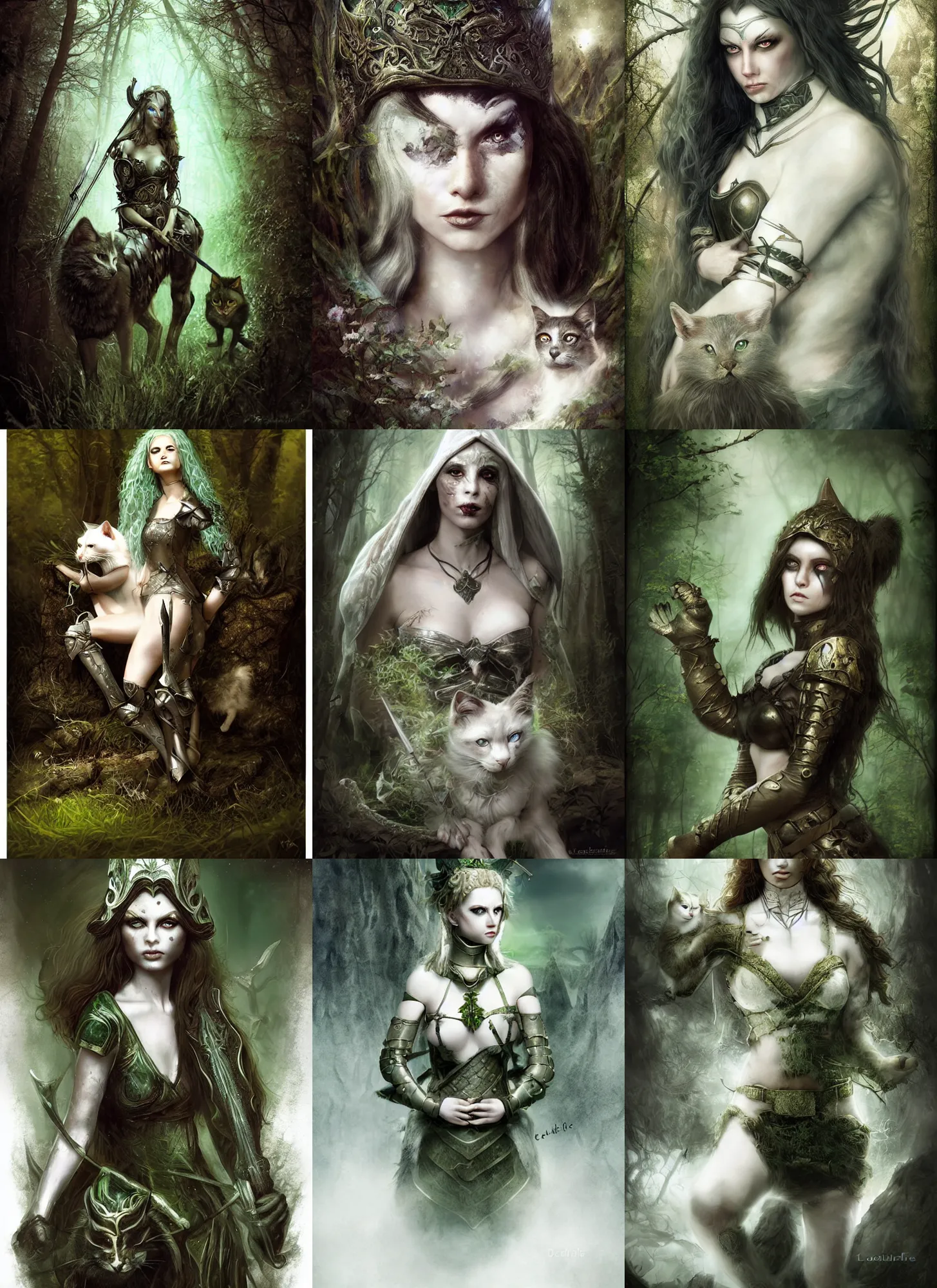 Prompt: medieval female warrior, green eyes, dark forbidden forest, wolves, white cat, coherent composition by Lecouffe-Deharme, by Natalie Shau