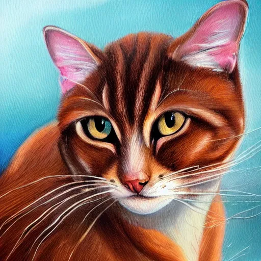 Image similar to a realistic painting of a brown cat on a car highly detailed trending on art station