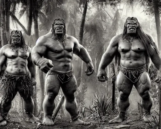 Image similar to hyper realistic group vintage photograph of a live action warcraft orc warrior tribe in the jungle, tall, hulk like physique, detailed faces, tribal paint, tribal armor, grain, old, monochrome, sepia toned, realistic lighting, wide angle