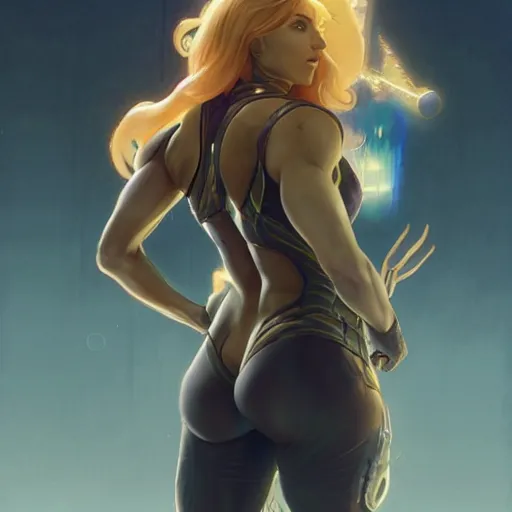 Image similar to samus aran with as a witch showing has her big back muscles, highly detailed, digital painting, artstation, concept art, matte, sharp focus, illustration, art by artgerm and greg rutkowski and alphonse mucha