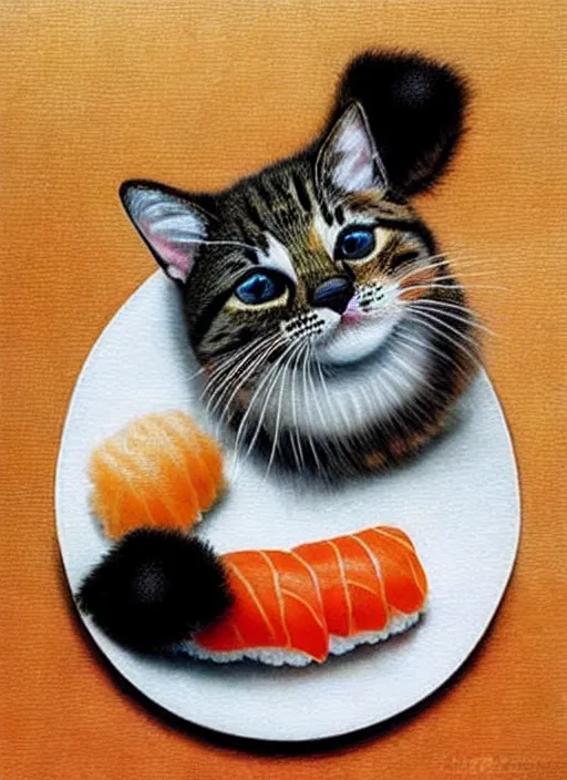 Image similar to clear photorealistic picture of adorable cats made out of sushi