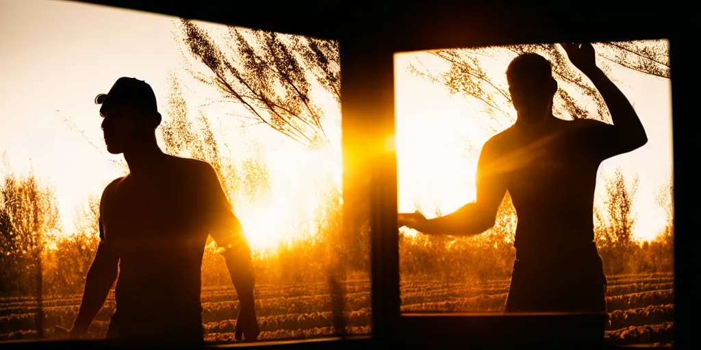 Prompt: the sunset's light beams through a window, tom holand, action pose, outside in a farm, medium close up shot, depth of field, sharp focus, waist up, movie scene, anamorphic,