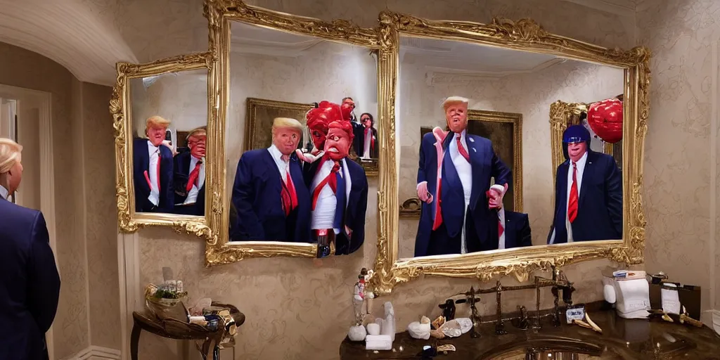 Prompt: ultra wide angle photo of donald trump looking at himself in a bathroom mirror and seeing his reflection dressed as willy wonka and is surrounded by dwarf donald trump like oompa loompas