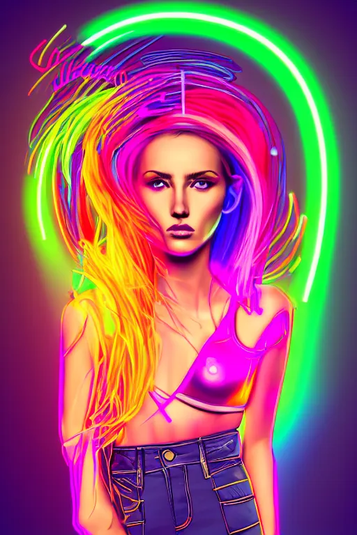 Image similar to a award winning half body portrait of a beautiful woman with stunning eyes in a croptop and cargo pants with rainbow colored ombre hairstyle head in motion and hair flying by thomas danthony, outlined by whirling illuminated neon lines, outrun, vaporware, shaded flat illustration, digital art, trending on artstation, highly detailed, fine detail, intricate